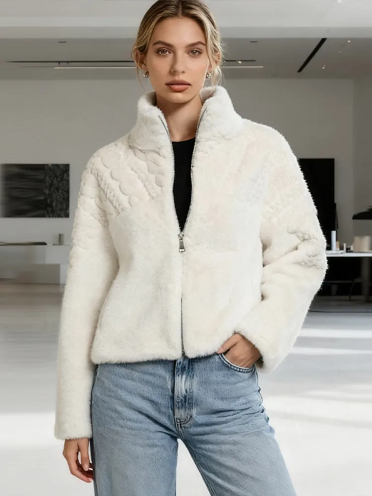 Abrigo de piel sintética para mujer, chaqueta femenina con patrón de manga larga y cremallera con cuello levantado, abrigos cortos holgados e esponjosos informales para otoño