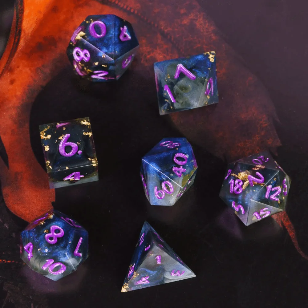 

Игральные кости Cusdie Galaxy с острыми краями, 7 шт., кости ручной работы D & D, искусственные многогранные кости, набор для ролевых игр, настольные игры