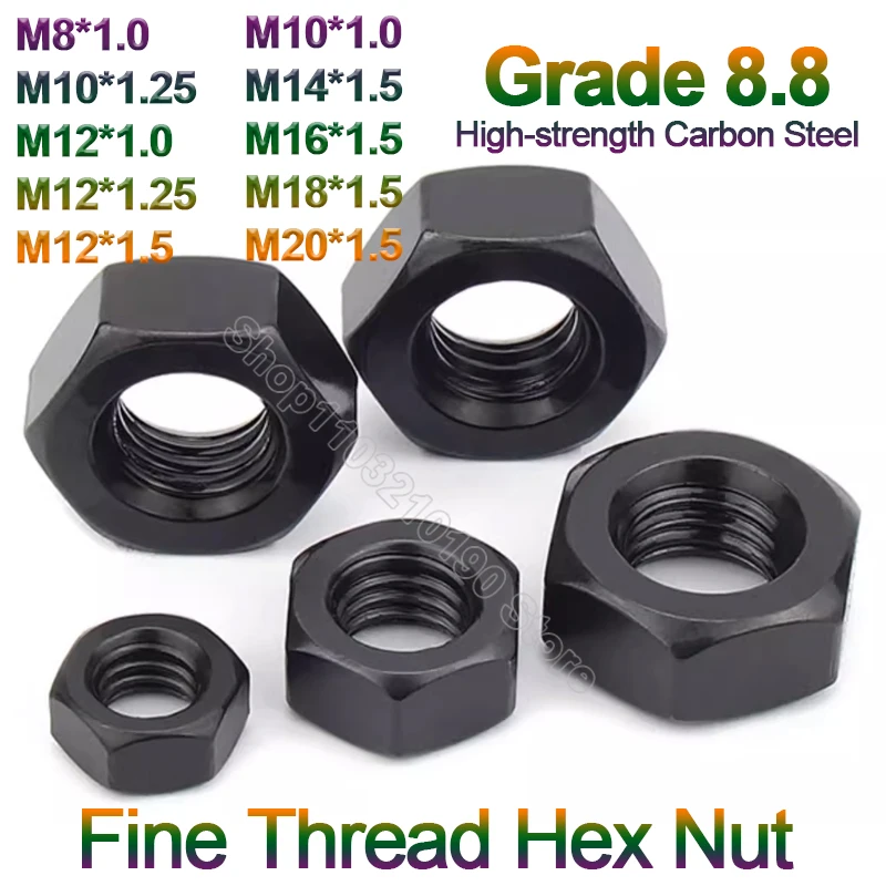 2-10Pcs Black Fine Thread Hex Hexagon Nut M8 M10 M12 M14 M16 M18 M20 Grade 8.8 High Strength Carbon Steel Nut Pitch 1/1.25/1.5mm