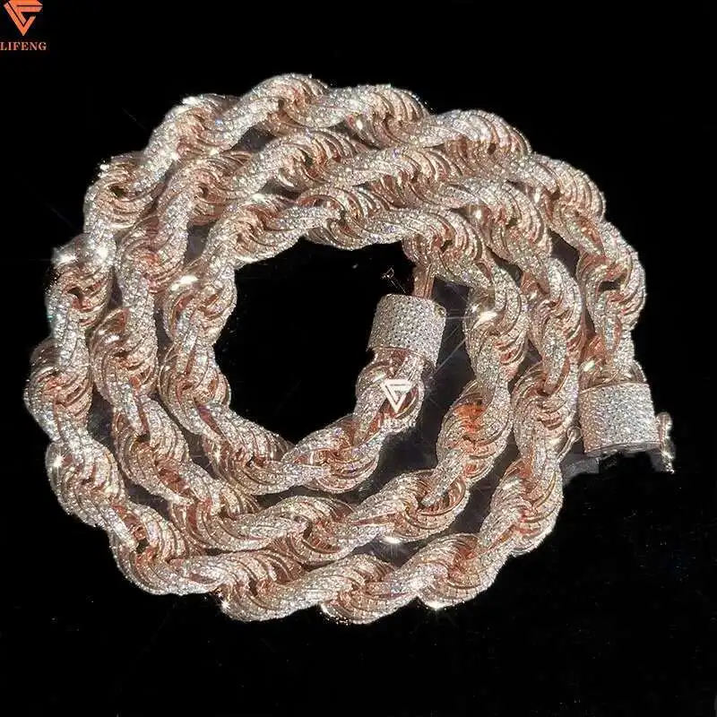 

8MM 10MM 3 Color Twist Silver Rope Chain Fully Iced Out Moissanite Diamond Link Bracelet Hip Hop Jewelry Men Necklace Chain