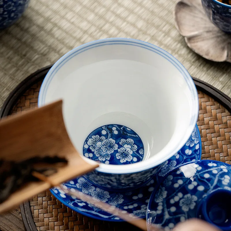 Prunus Mume Blue and White Porcelain Cover Teacup Kung Fu Tea Set Three-Piece Tea Bowl Ceramic Tea Ceremony Bowl Gaiwan