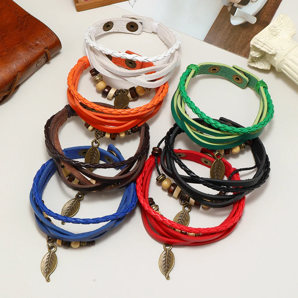 brown bracelet  Leather Bracelet Triple Weave Adjustable Bracelet Jewelry Gift Accessories
