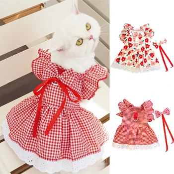 Summer Pet Dress Floral Pattern Plaid Skirts Cat Princess Dresses Chihuahua Yorkie Sweet Skirts Puppy Dog Costume Pet Supplies 1