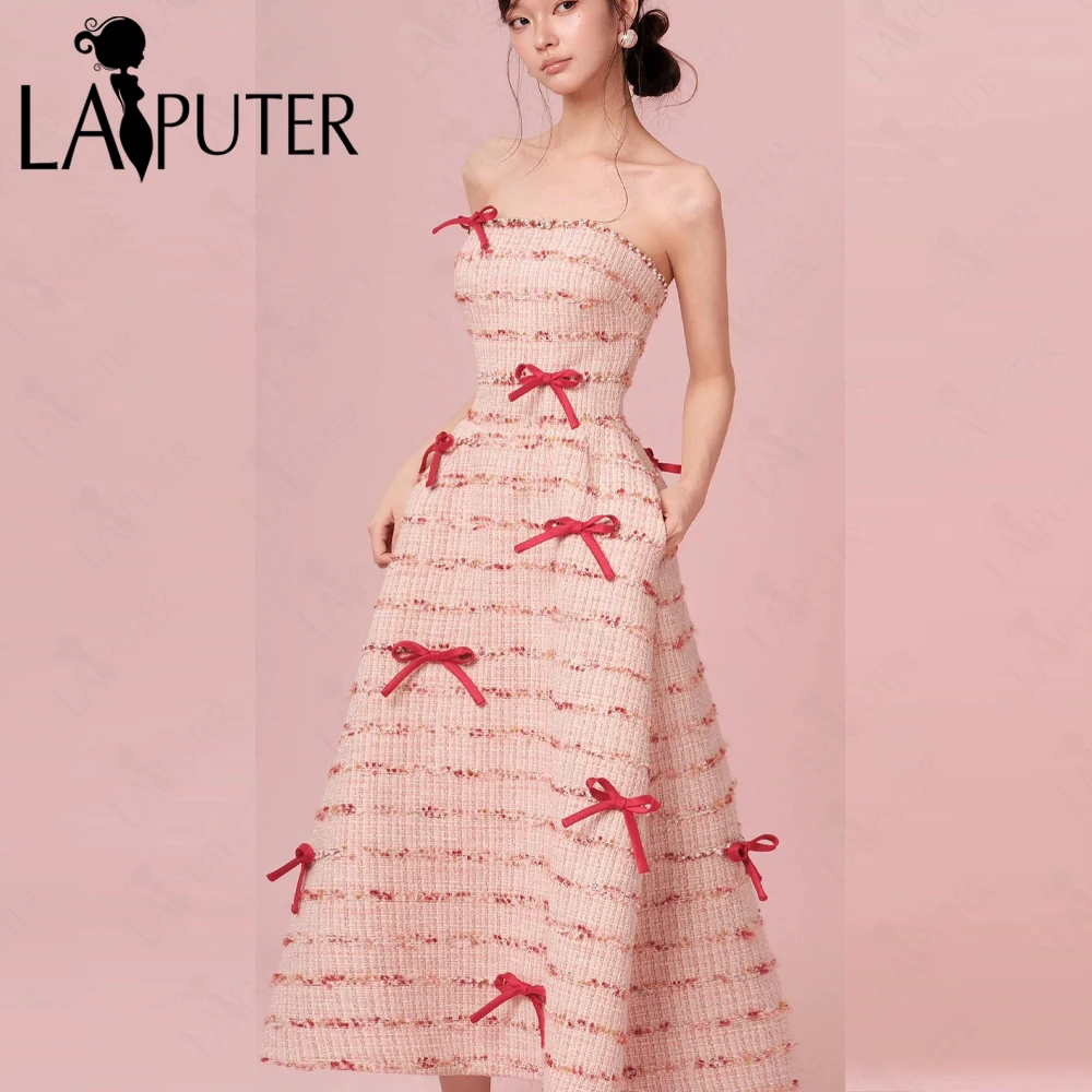 ชุดเดรสงานพรอมทรงเอไลน์สีชมพูทวีด ความยาวระดับชา ประดับโบว์เล็กๆ สายเดี่ยว ลายตาราง ชุดเดรสปาร์ตี้เปิดไหล่ ทรงพองฟู น่ารักสำหรับสาวๆ ชุดราตรี