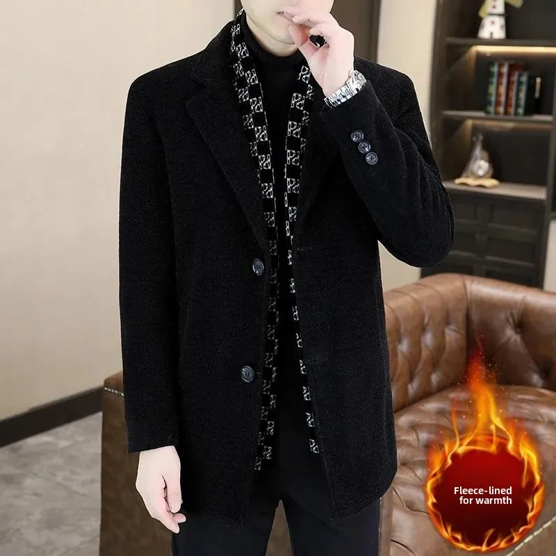 

Briti Sle Slim Fit mid Length Fce Lined Wool Coat Men's Winter High End Thi Warm Faionable Tweed Jaet
