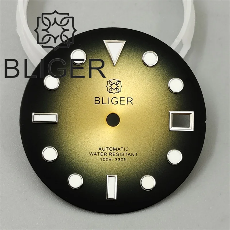 BLIGER 29mm Watch Dial Gradient Black Gold Black Purple Dial With Silver Time Mark Green Luminous Fit For NH35 Movement Watches