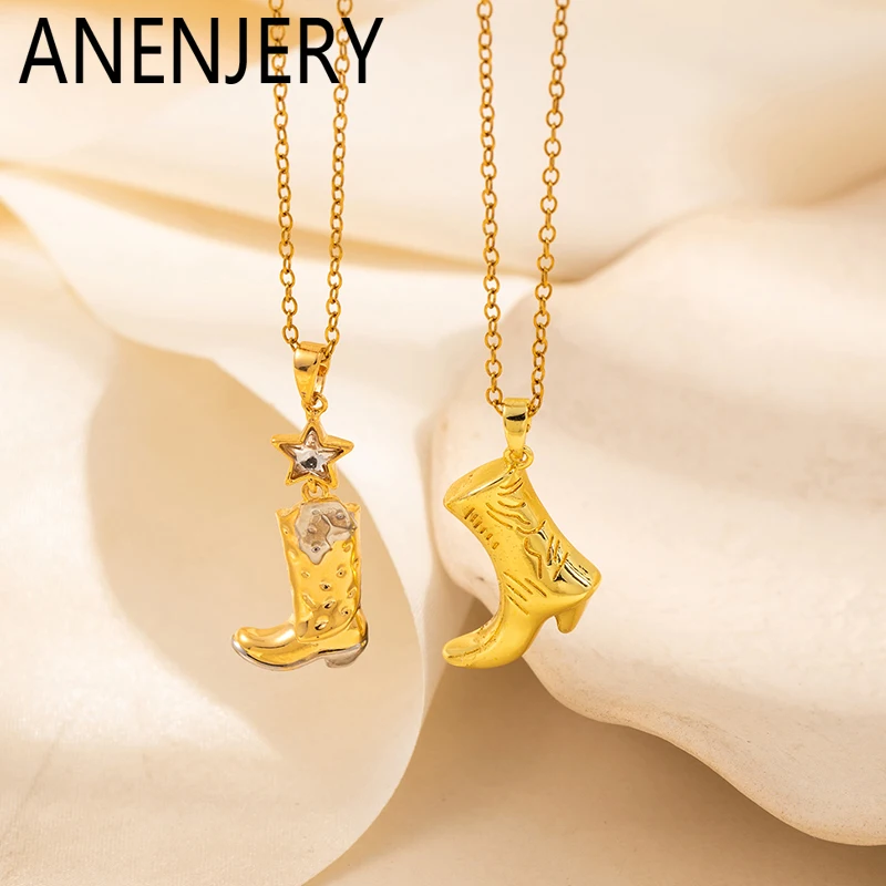 ANENJERY 316L Stainless Steel Cowboy Boots Zircon Balloon Bear Pendant Necklace For Women Cute Niche Luxury Design Jewelry Gifts