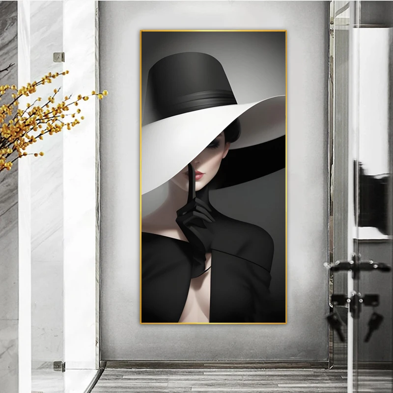 Modern Fashion Woman with Hat Posters Red Lips Home Decoration Canvas Prints Wall Picture for Living Room Entrance Painting