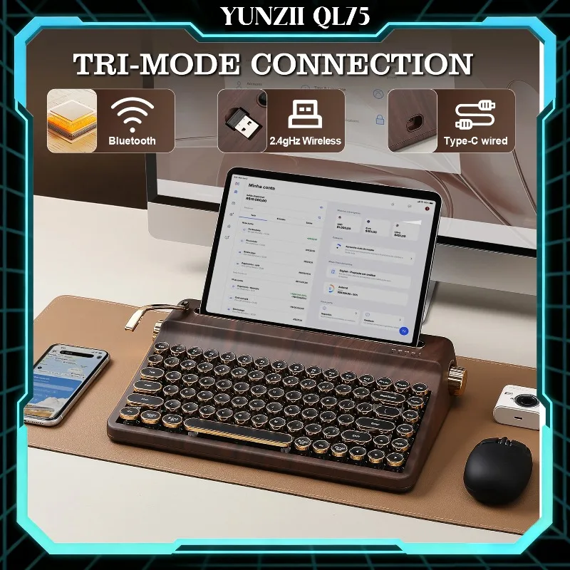 YUNZII QL75 Wood QMK/VIA Mechanical Keyboard, Retro Style RGB Wireless Mechanical Keyboard, Mac/Win