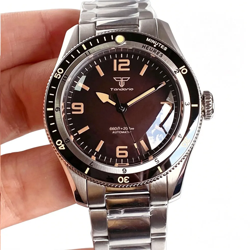 Tandorio New Mechanical Men Watch Vintage Coffee Dial Dome Sapphire Glass Miyota 8215 Movement Steel Bracelet 120 Clicks Bezel