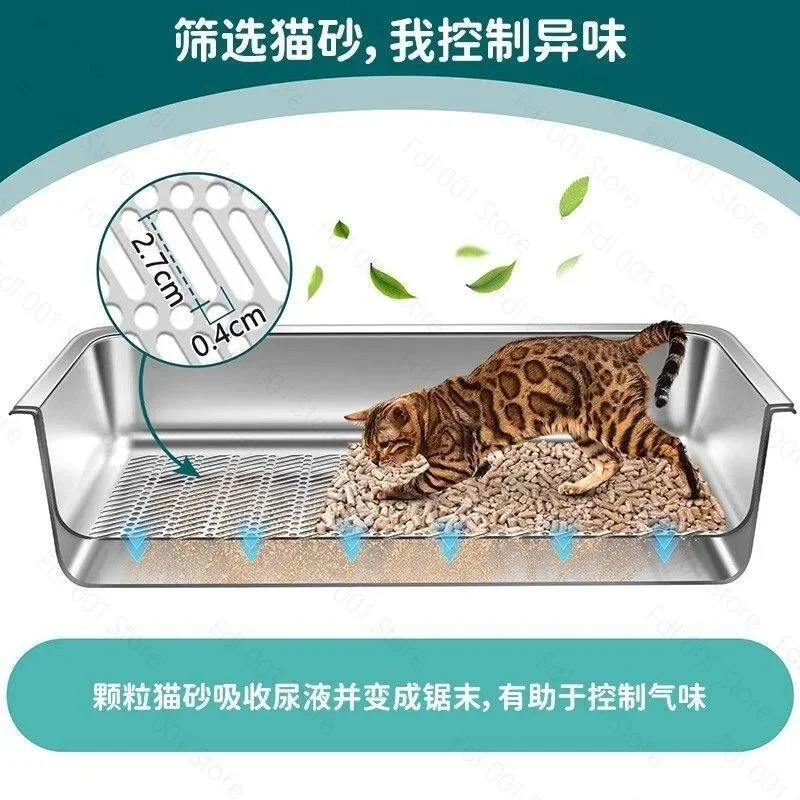 Stainless Steel Open Cat Litter Box Smooth Surface Non‑Stick Waste Easy To Clean Pet Toilet for Household Cat Daily Use