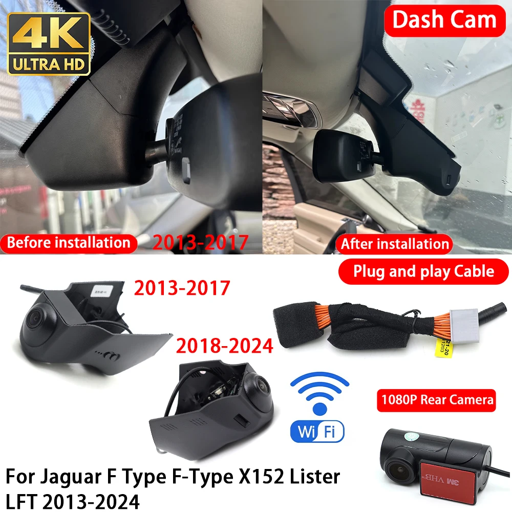 for Jaguar F Type F-Type X152 Lister LFT 2013-2024 4K 2160P Dash Cam Front Rear Car Camera DVR Wifi Plug & Play Video Recorder