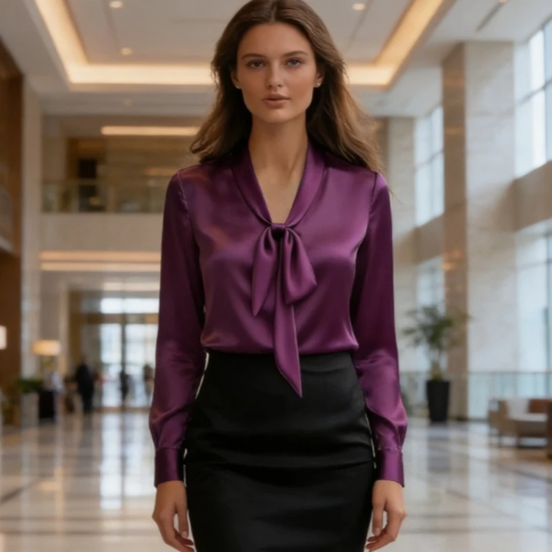 

Женская элегантная однотонная блузка с длинным рукавом, осенняя офисная женская рубашка с завязками на шее, повседневные топы, весенняя женская одежда с милым бантом