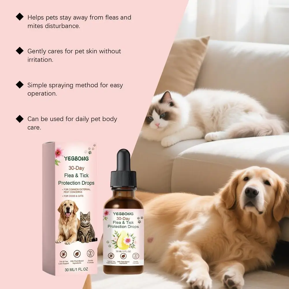 30ml Pet Flea and Tick Protection Drops Cleaning Skin Repel Fleas & Mites Refreshing Long-Lasting Pet Pest Repellent Oil