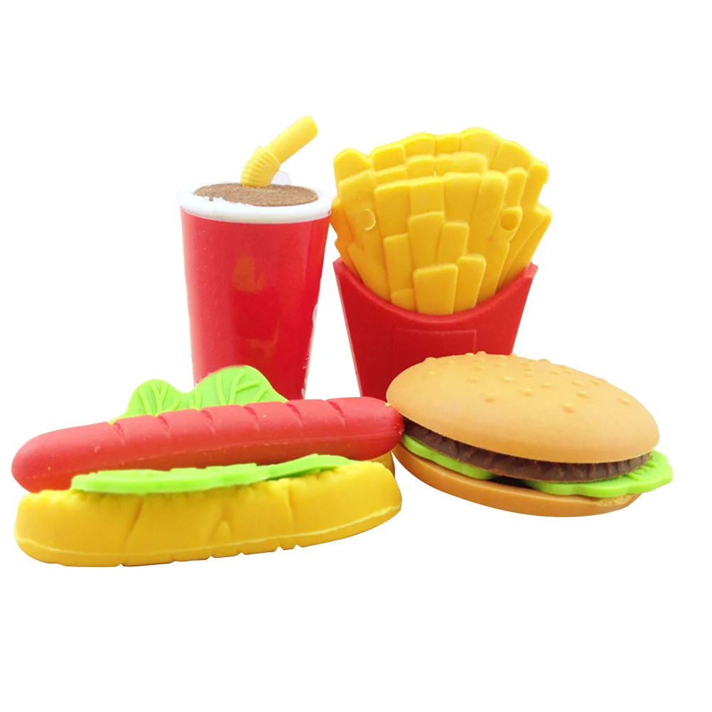 

4pcs Burger Hot Dog Shaped Pencil Eraser Set Portable Stationery For Kids Students School Office Art Drawing Exam Supplies