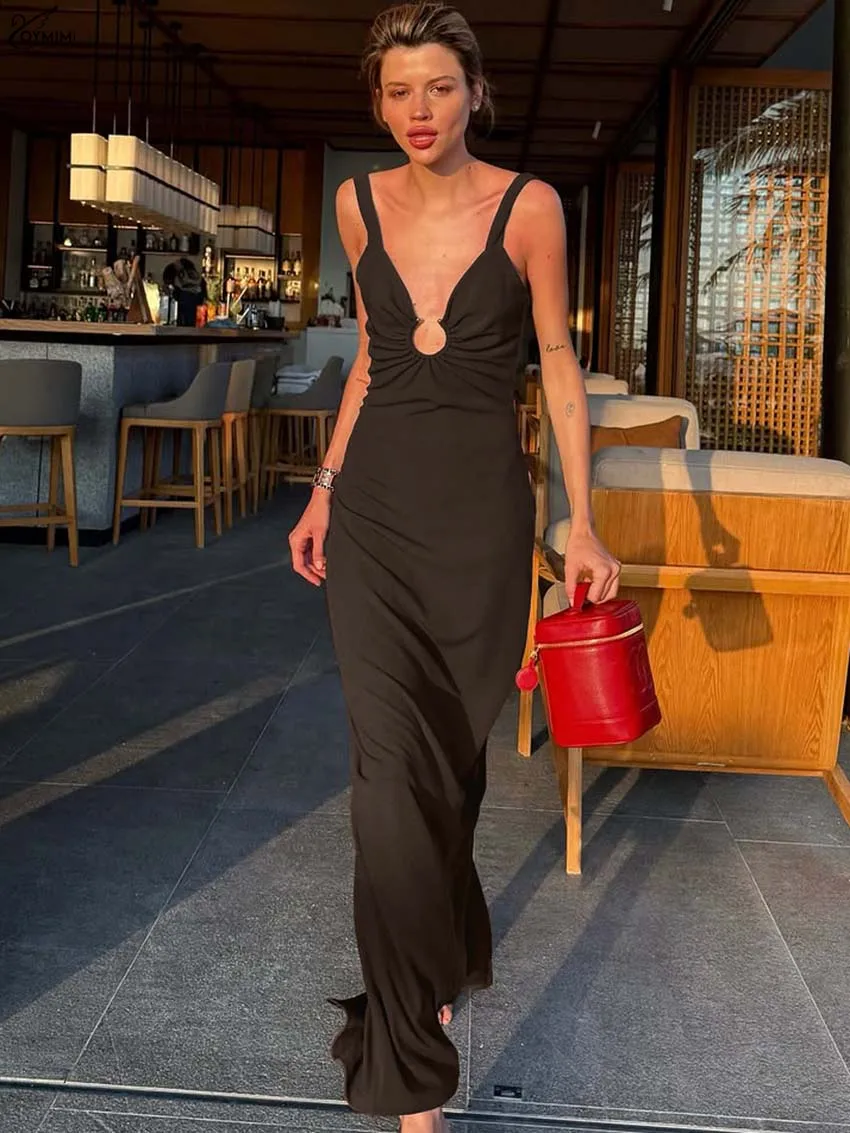 

Oymimi Summer Brown Knitting Womens Dresses Elegant Spaghetti Strap Open Back Slim Dresses Casual Straight Floor-Length Dress