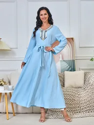 Dubai Muslim Party Dress Women Abaya Eid Ramadan Vestidos Largos Robe Jalabiya Embroidery Sequins Long Dress Belt Kaftan 2024