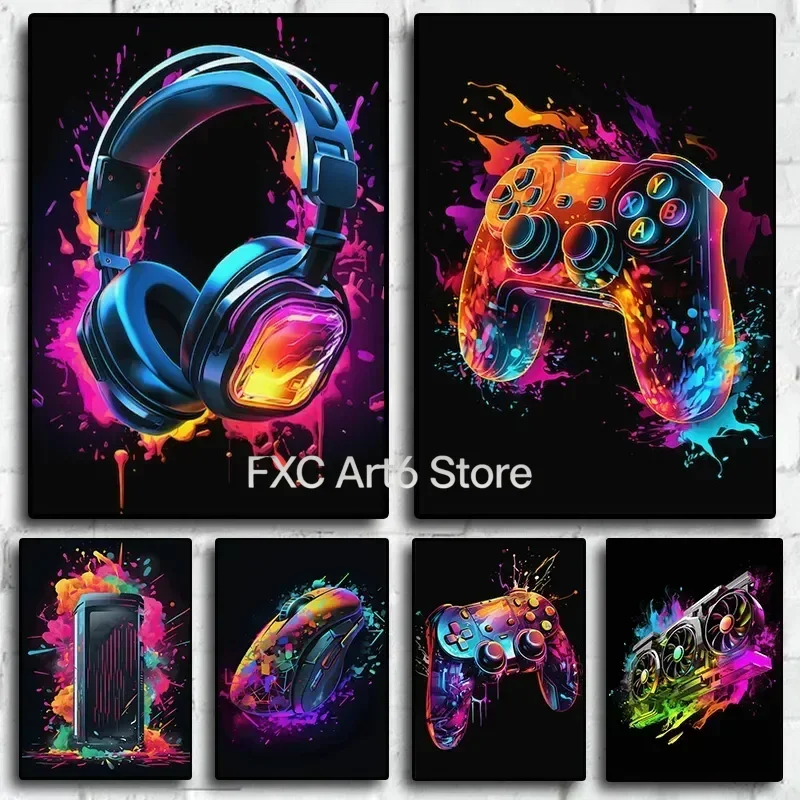 1pcs Frameless Pop Neon Video Game Character Poster Gamepad Headphones Football Basketball Canvas Print Wall Art Decor Gaming Ro