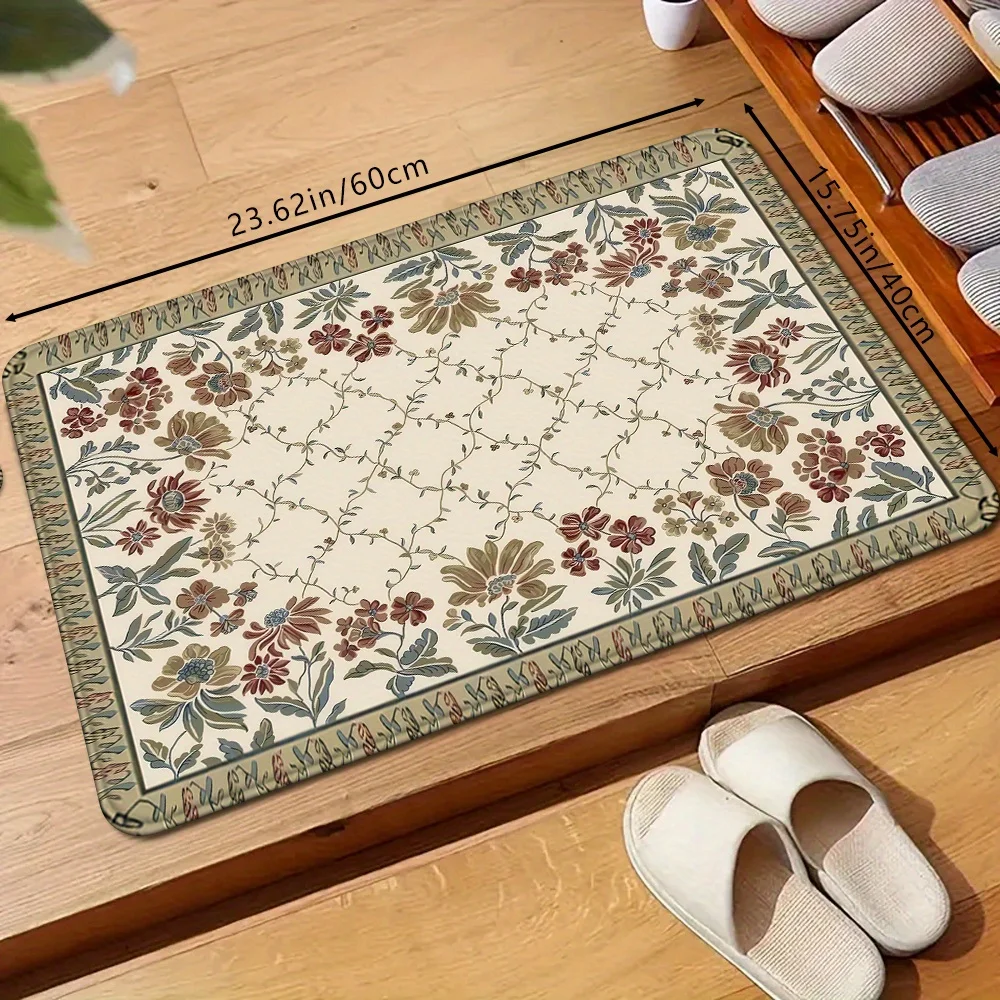 1pc Vintage Floral Border Doormat - Soft Absorbent Non-Slip Bath Mat, Machine Washable 100% Polyester with PVC Backing for Ind