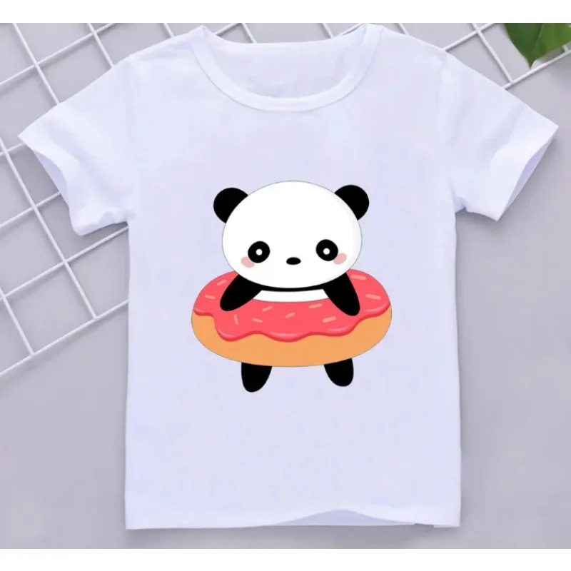 男の子と女の子のためのパンダの漫画のTシャツ,半袖の服,白,ファッショナブル,かわいい,夏