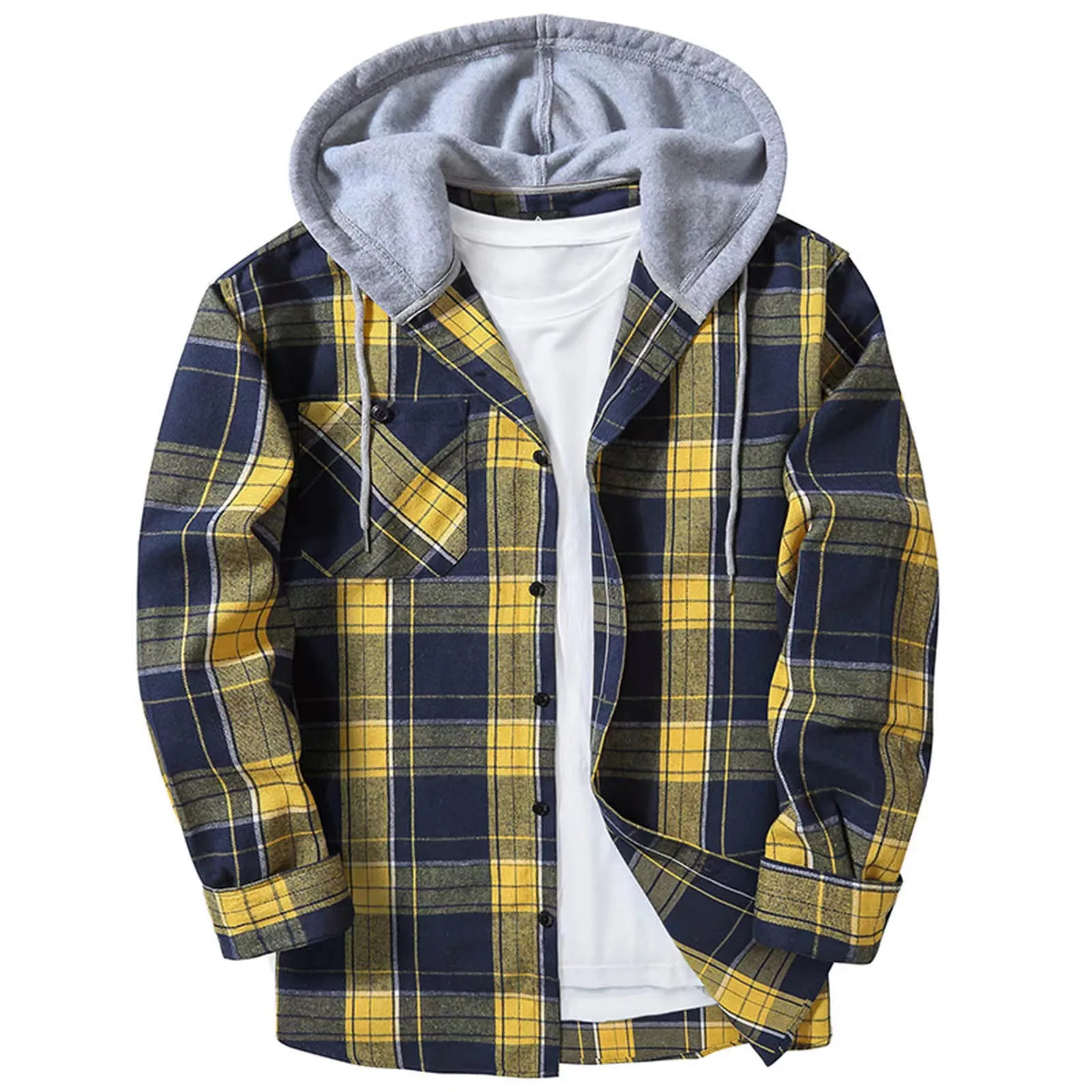 Spring Autumn Plaid Hoodie Shirt Men Clothing Long Sleeve Casual Streetwear Patchwork Loose Button Drawstring Vintage Shirts Man