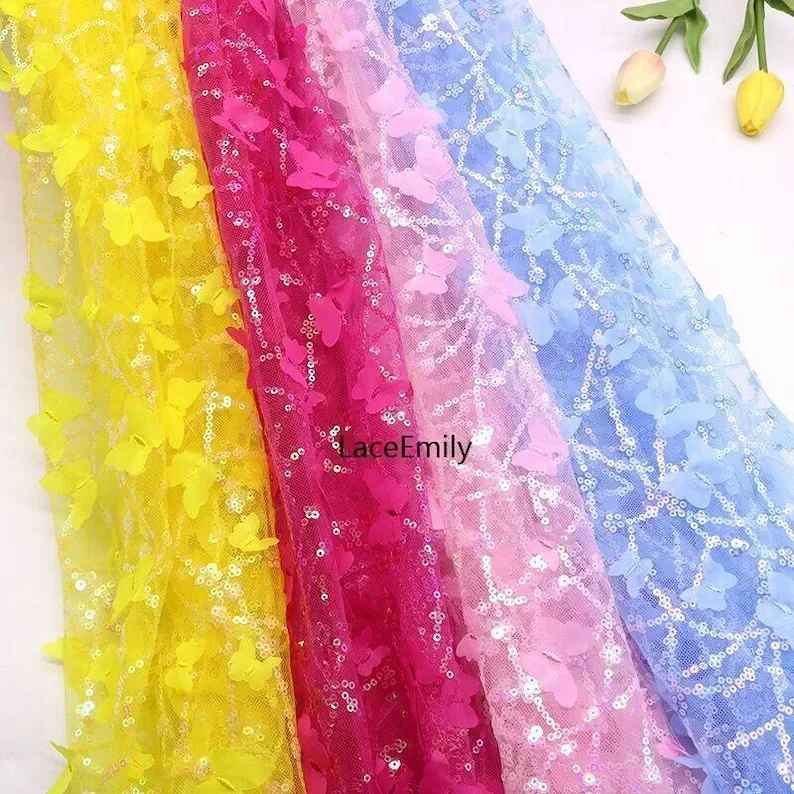 8 Farben Pailletten-Schmetterlings-Stickerei auf Spitzenstoff, bunter Schmetterlings-Tüll, für Hochzeiten, Mädchenkleider, Brautkleider