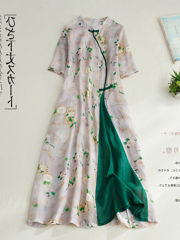 Robe longue en coton pour femmes, imprimé Floral chinois, avec boutons, jupe trapèze, col montant, dr