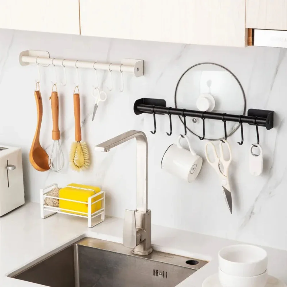 

Hole-free Hook White Simple Multifunctional Stainless Steel Wall Shelves Storage Utensils Holder Kitchen Accessories Organizer