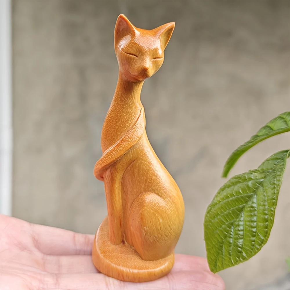 Adorno de Gato de Madera para Meditación, Gato Zen con Ojos Cerrados y Mirando Hacia Atrás, Decoración para el Hogar, Adorno de Escritorio, Regalo de Navidad o Cumpleaños, Adorno Auspicioso, Decoración Creativa Estilo Ins para Oficina y Estudio