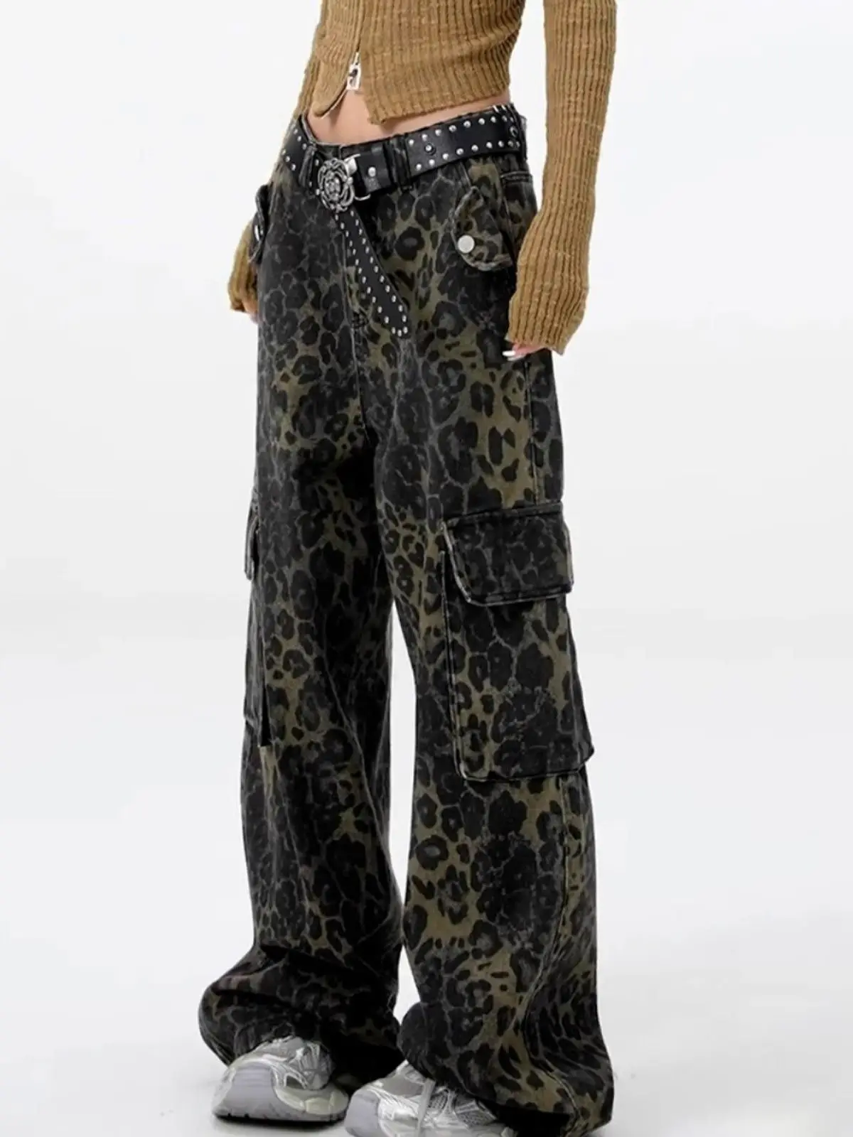 Y2K Women Denim Work Pants High Waist Wide Leg Leopard Print Large Pocket Trousers Retro Vintage Fashion Casual Streetwear