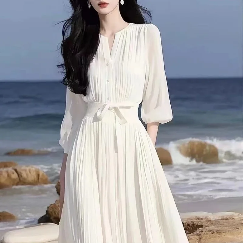 

White Pleated Floor Length Maxi Dress with V Neck Three Quarter Sleeve and Empire Waist for Beach Summer Wear
