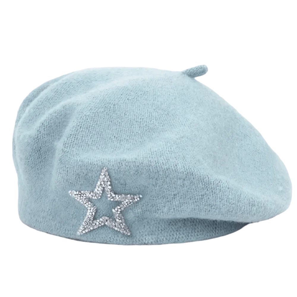 Streetwear Five-Pointed Star Wool Beret Soft Warm Knitted Painter Hat Rhinestone Decor Solid Color Beanie Cap Winter