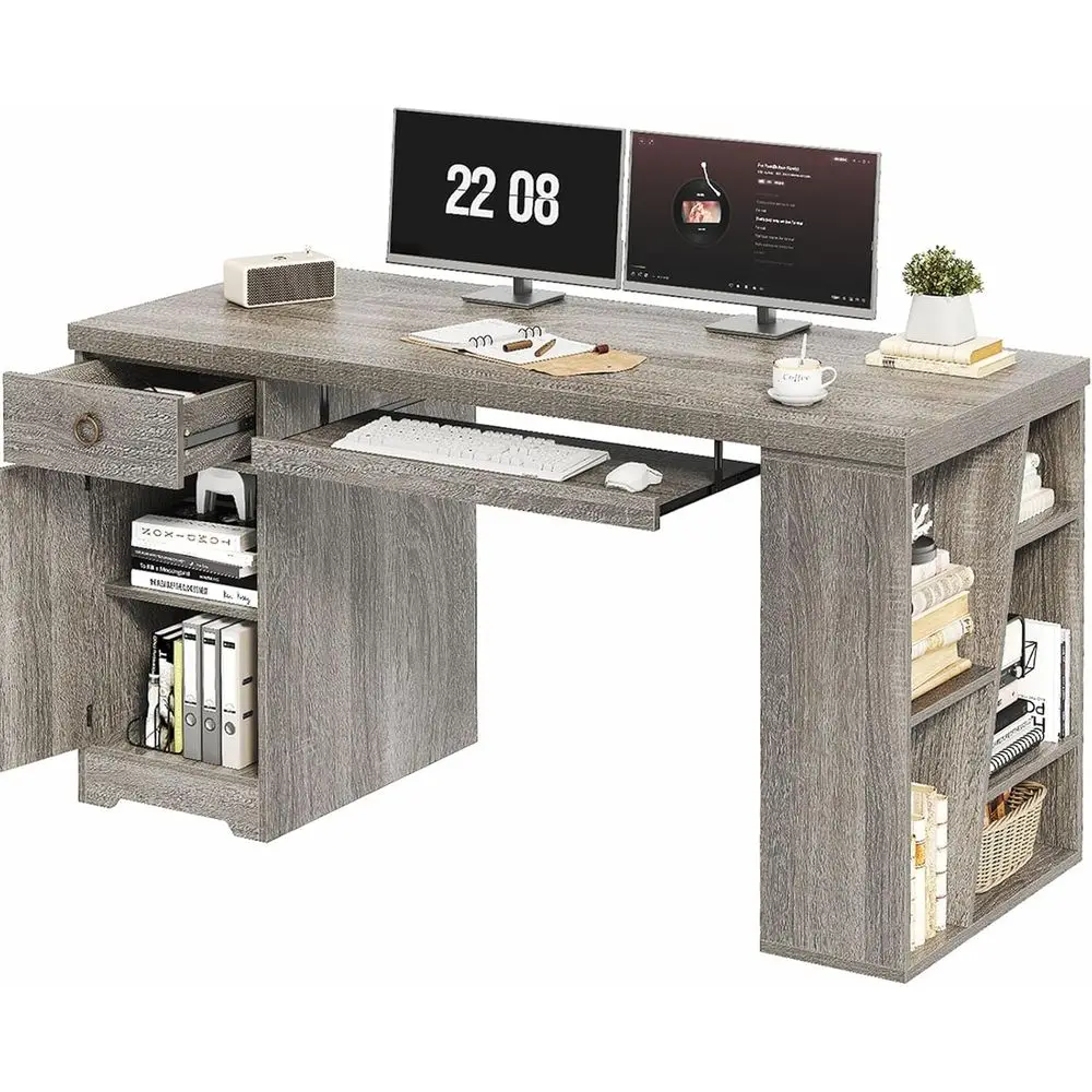 

55 Grey Executive Desk with Storage, Shelves, and Cabinet for Computer, Home Office, and Study