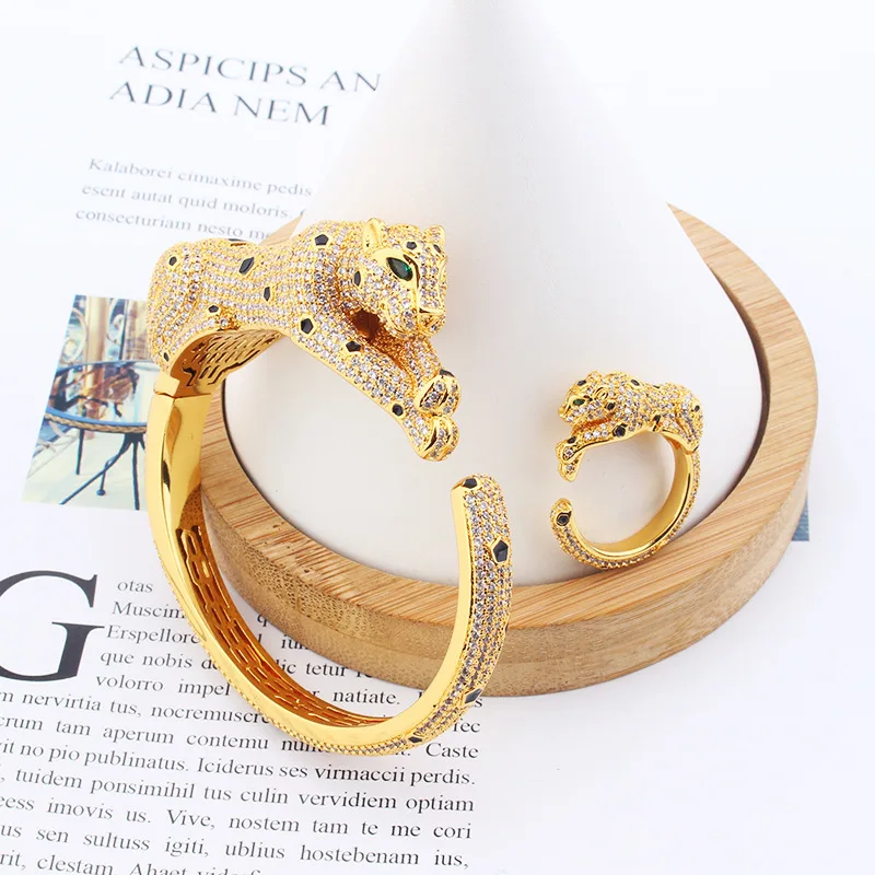 Europe America Fashion Style Men Women Lady Plated Gold Color Black Spots Inlay Green Cubic Zircon Leopard Ring Bracelet Bangle