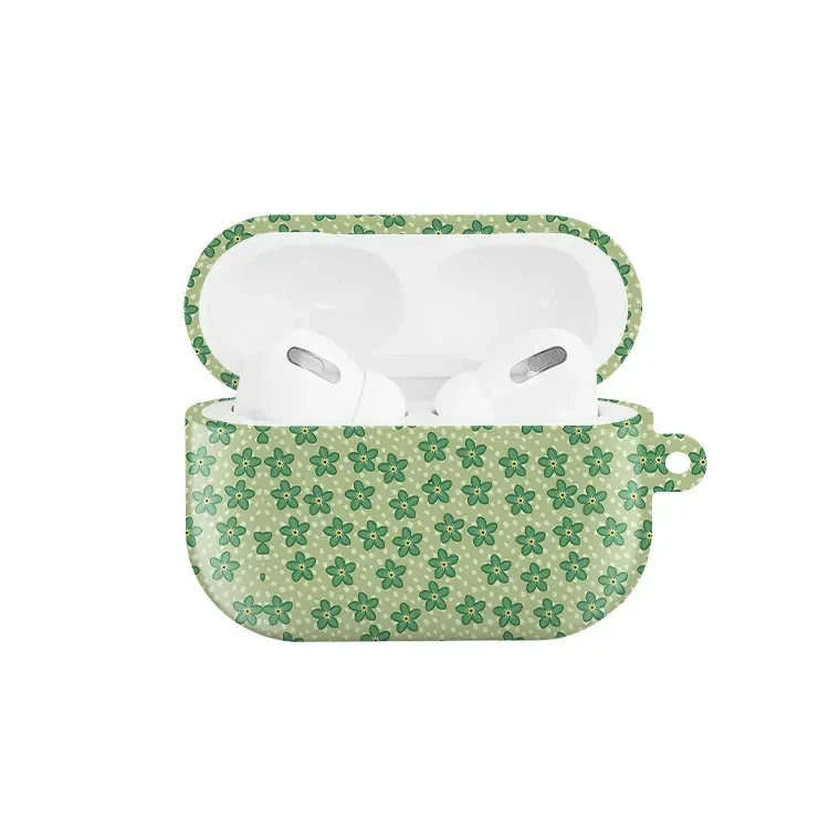 Shockproof Protective Glossy HD Hard PC Cover Case For AirPods Earphone 1 2 3 Pro Pro2 With Metal Hook Green interesting flower
