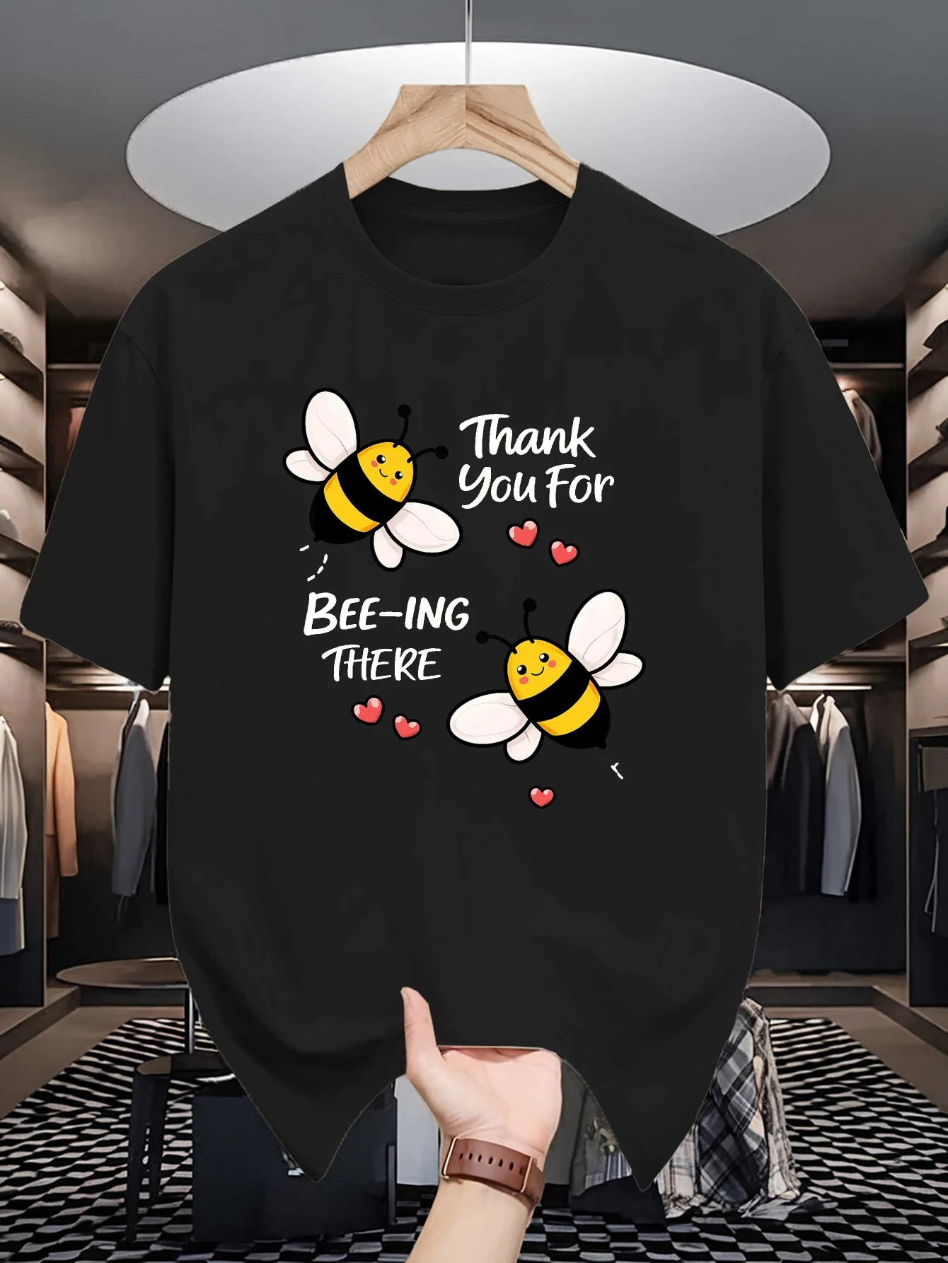 Cute Bees Heart Pun Letter Graphic Mens Crew Neck T Shirt Thank You Quote Print Short Sleeve Casual Cotton Daily Street Tops