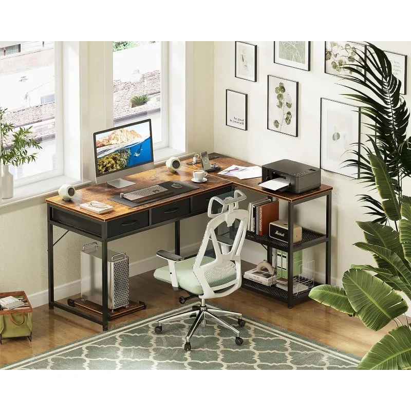 61 Inch L Shaped Computer Desk with Drawers, Corner Desk with Power Outlets & Reversible Storage Shelves, Movable CPU Stand