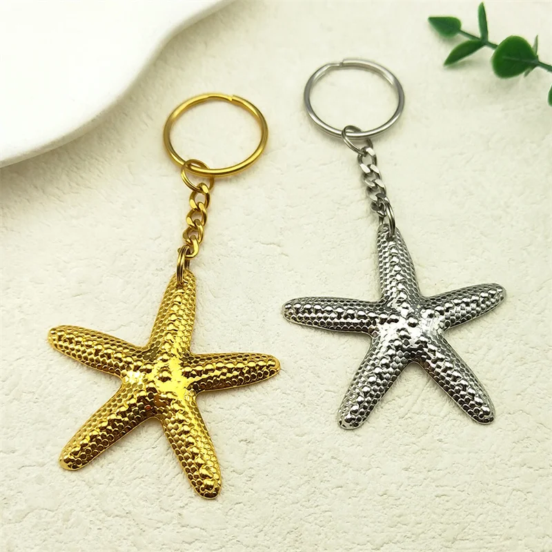 

Bohemia Gold Color Starfish Pendant Keychains for Women Men Stainless Steel Key Ring Beach Bag Pendant Jewelry Accessories