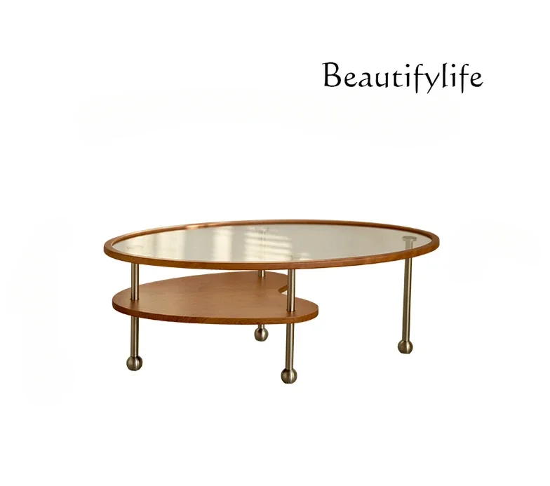 Peach glass coffee table medium and ancient style small apartment oval retro tea table tempered glass cherry wood low table