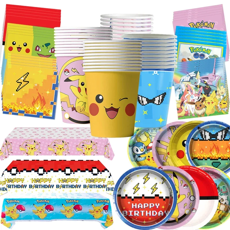 

Pokemon Tableware Pikachu Birthday Decoration Party Supplies Waterproof Tablecloth Disposable Plate Paper Cup Napkin Room Decor