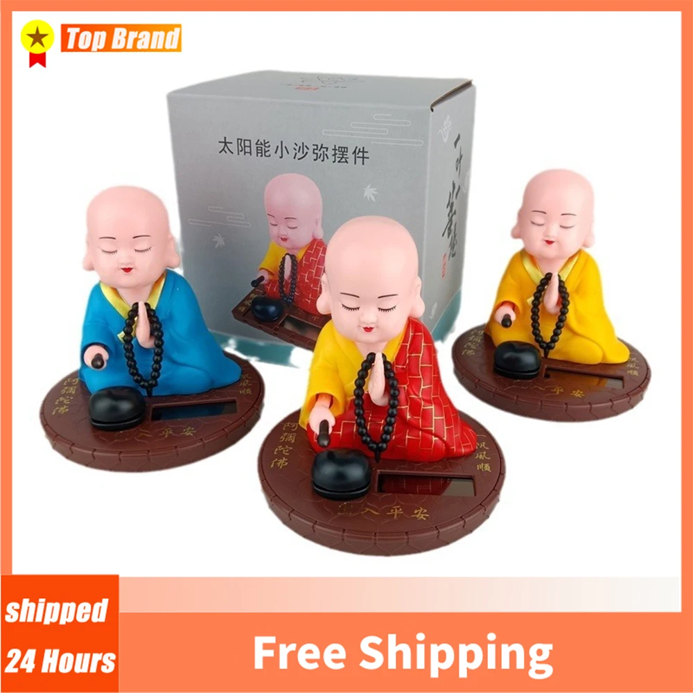 2024 Solar Automatic Knock Wooden Fish Small Buddhist Monk Figurines Statues Car Dash Board Home Office Decorations Toy Gift