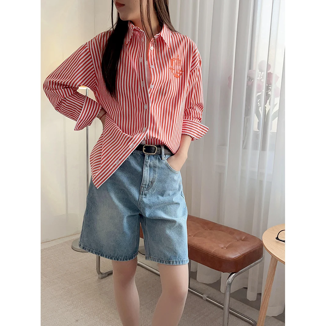 

American Sle Cotton irt Women's Loose Fit Collared Striped Embroidered Spring Autumn Casual Faion Classic irt