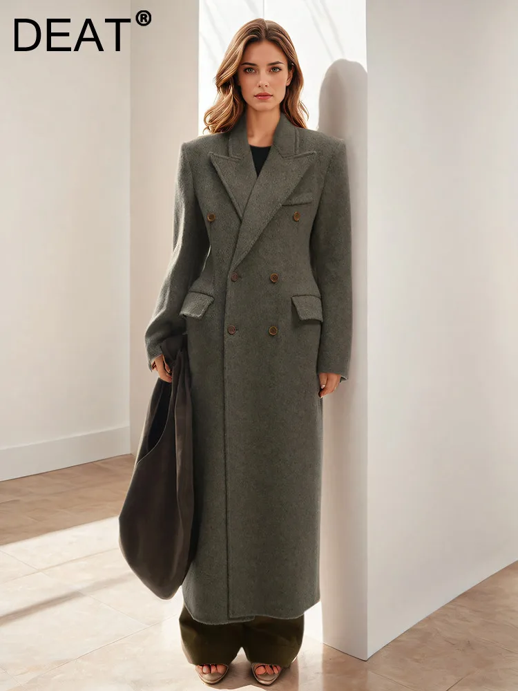 DEAT Women's Fashion 100% Wool Coat Lapel Shoulder Waist Retraction Pockets Slim Ankle-length Pvercoat Overcoat Winter 2024 New