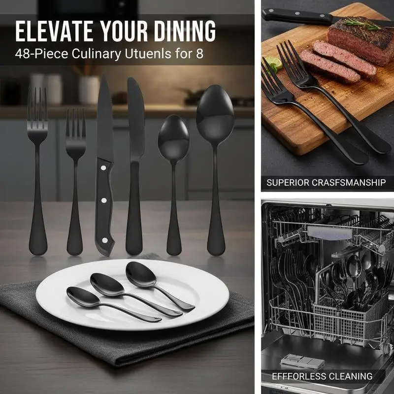 Black Eating Utensils Kit 48-Piece For Kitchen Home Restaurant, Steak Knives Mirror Finished Tableware Service For 8 Dishwasher Safe Adult Size Metal Flatware
