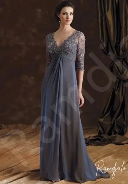 Customized Empire Waist Mother of the Bride Dress Sheer Lace Sleeve V-Neckline Elegant Floor-Length Chiffon Evening Gown Grey