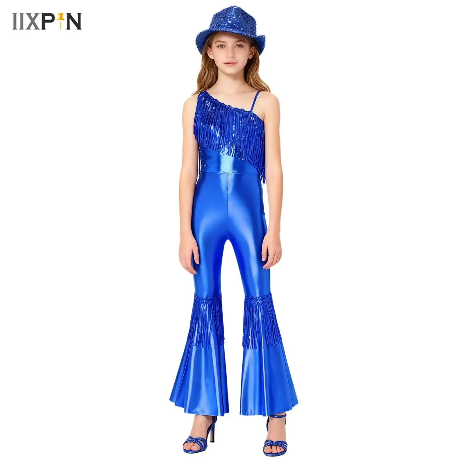 

Kids Girls Jazz Disco Dance Costume Sleeveless One Shoulder Sequins Tassels High Waist Flared Jumpsuit with Fedora Hat Dancewear