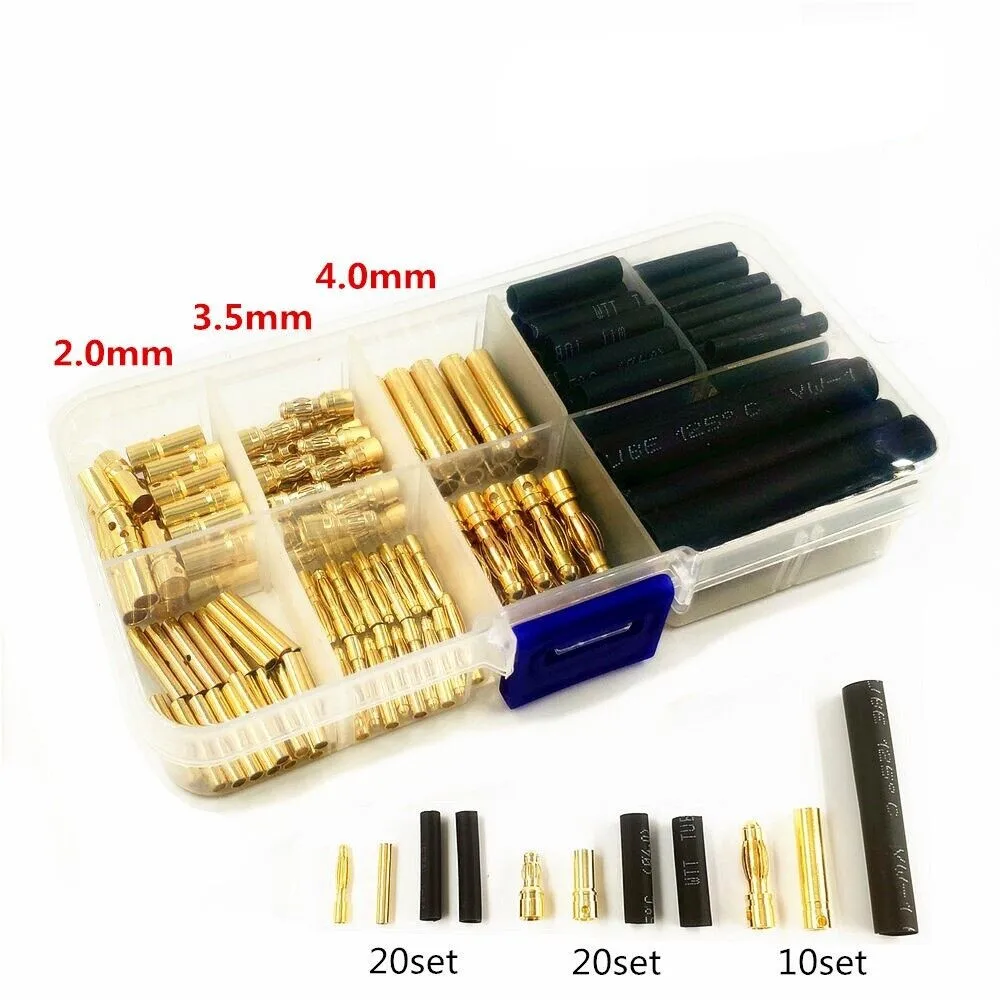 100pcs 2/3.5/4mm Gold Plated Banana Bullet Connectors Male Female Plug with Black Heat-Shrink Tube for RC Battery ESC Motor Part