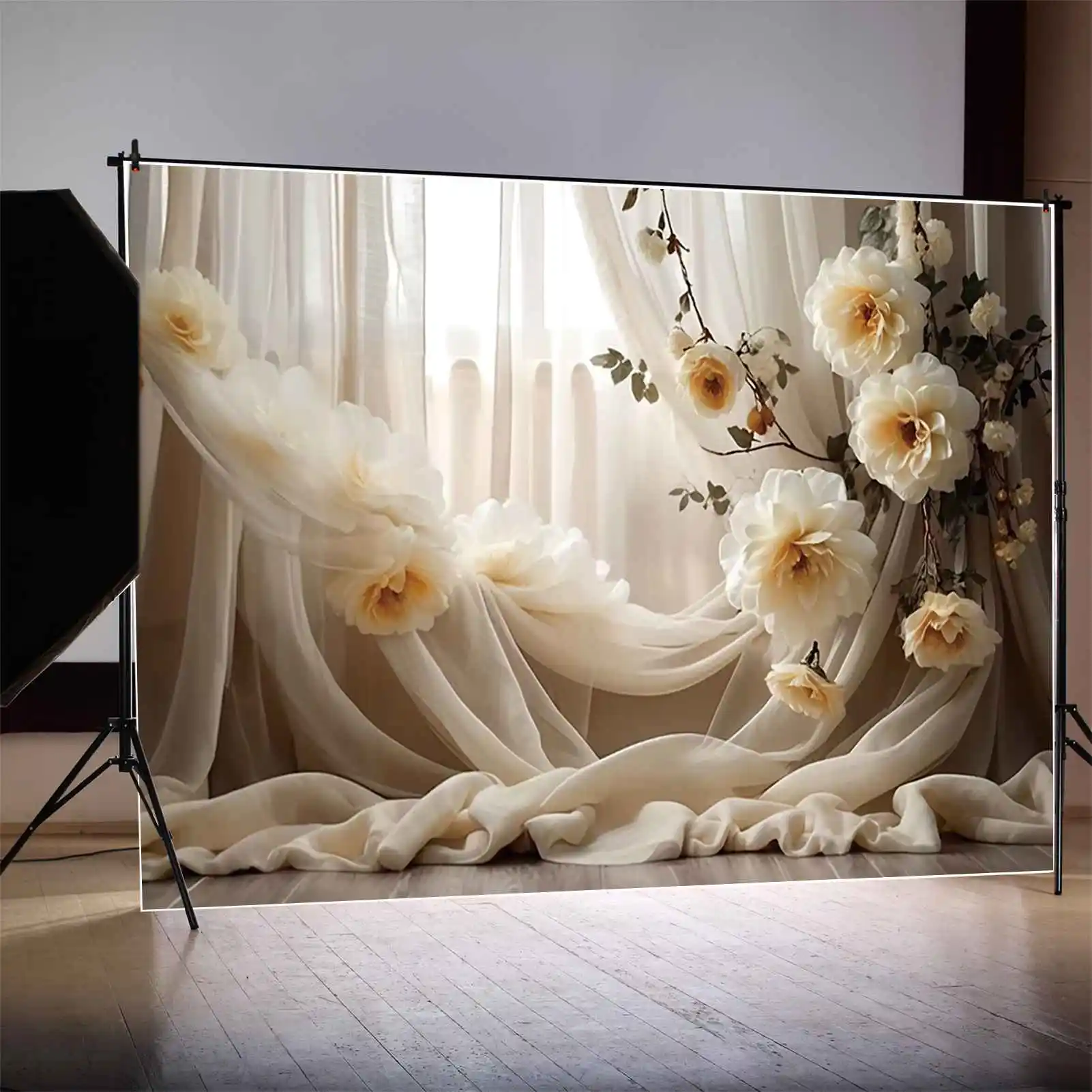 MOON.QG Girls Portrait Bohemian Style Backdrop Curtain Flower Drapes Backgrounds Custom Party Decoration Photography Supplies