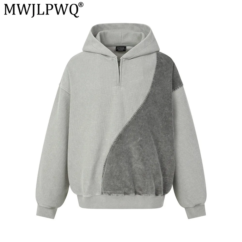 MWJLPWQ Trendy Street Washed Distressed Hooded Sweatshirt Men Irregular Patchwork Contrasting Colors Unique Half-Zip Tops 21022