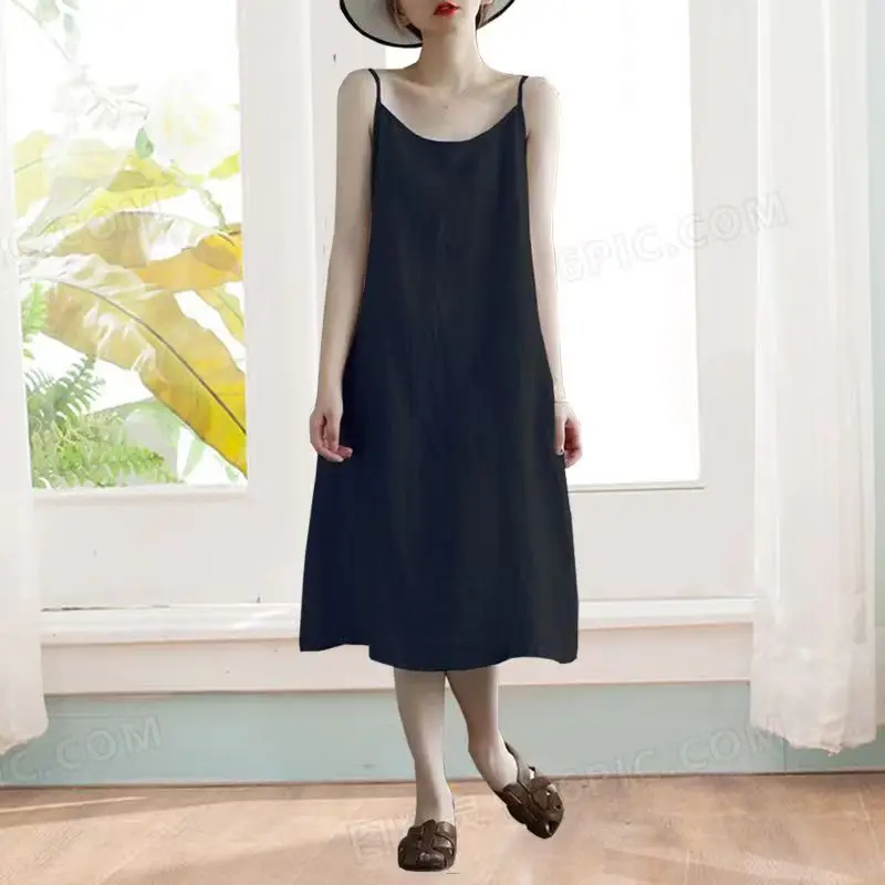 Women Casual Loose Strap Dress Retro Elegant Soft Cotton Linen Dress Sleeveless A-Line Straight Beach Holiday Dress Summer Thin